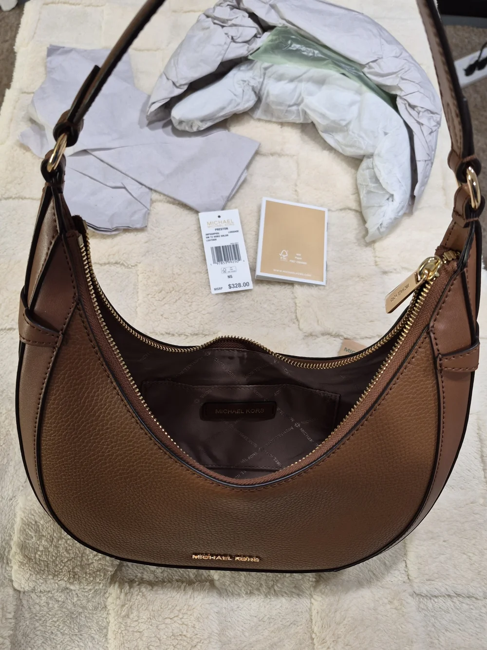 Michael Kors Preston Small Brown Leather Shoulder Bag Gold Hardware NWT